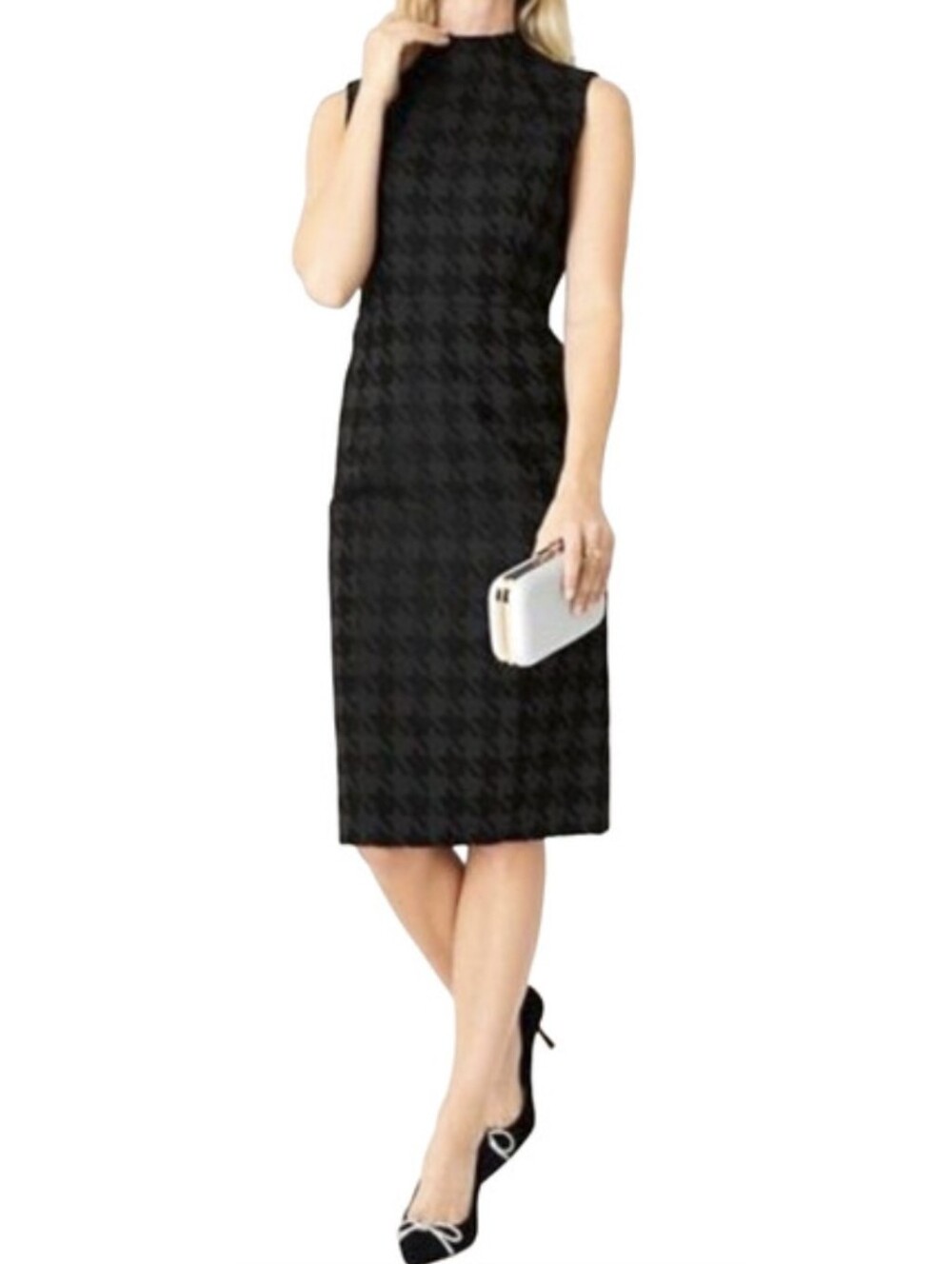 Ann Taylor Womens Sheath Dress Houndstooth Jacquard Mock Neck Quiet Luxury 10